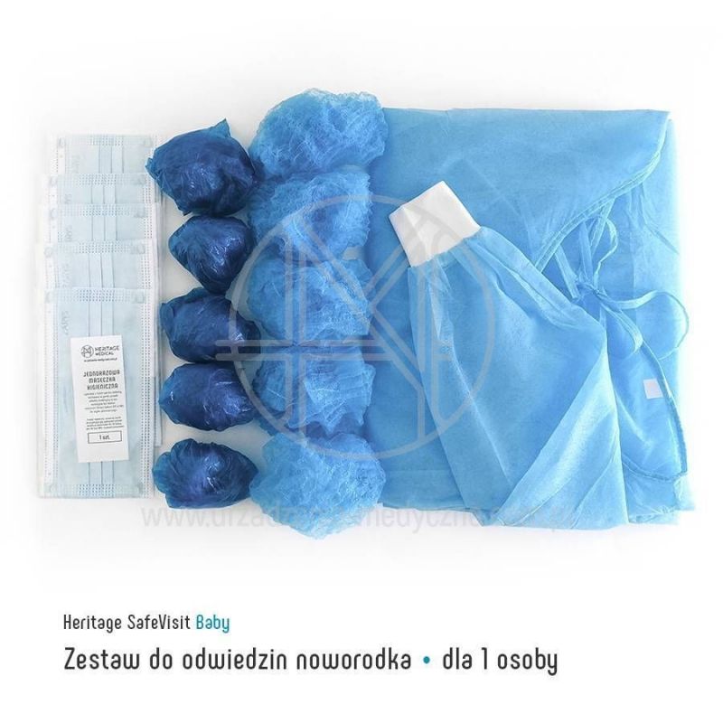 Zawartość zestawu Heritage SafeVisit Baby niebieski – fartuch, maseczki, czepki i ochraniacze