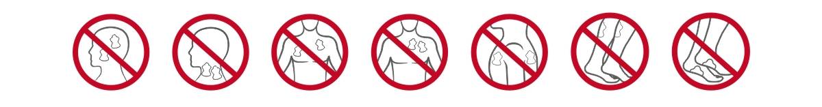 Infografika przedstawiająca przeciwwskazania do terapii TENS – obszary ciała, na których nie należy umieszczać elektrod