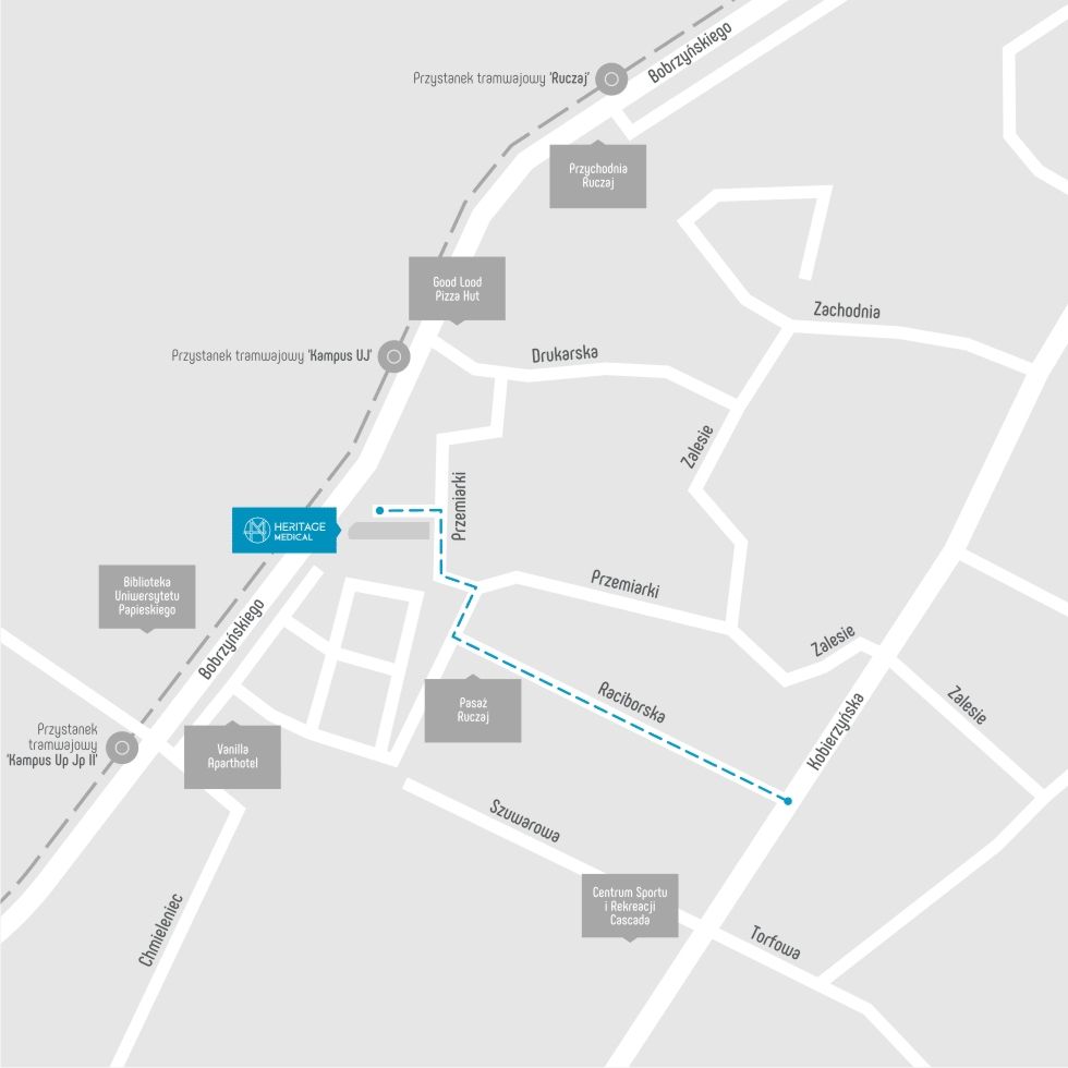 Dojazd od ulicy Kobierzyńskiej do sklepu medycznego Heritage Medical na Ruczaju