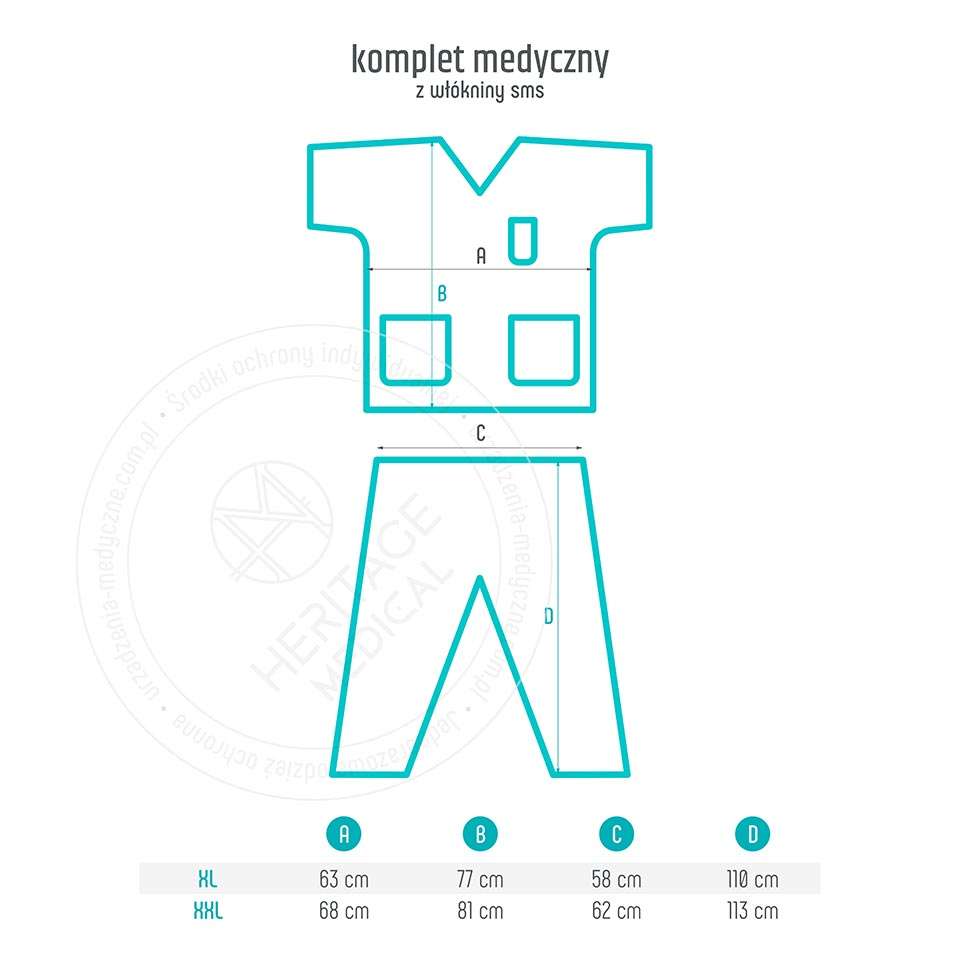 Wymiary jednorazowego kompletu medycznego - bluza + spodnie