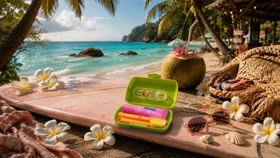 Curaprox Travel Set na tropikalnej plaży – kompaktowy zestaw do higieny jamy ustnej w podróży z pastą Be You, szczoteczką CS 5460 i szczoteczkami międzyzębowymi